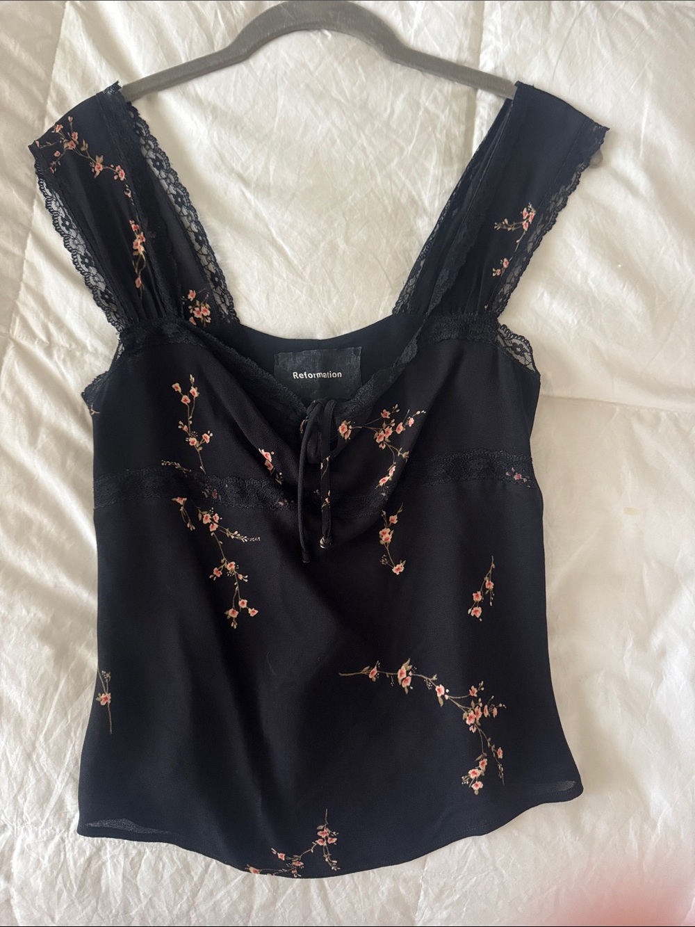 Reformation Black Camisole with Pink Floral Embroidery